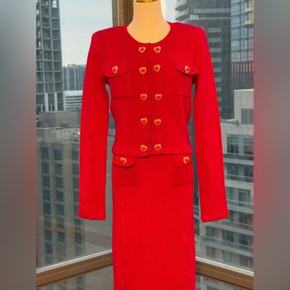 🆕 SELF-PORTRAIT 🧿 NWOT Red Knit Heart Buttoned Cardigan + Midi Skirt Set Sz M - Picture 9 of 15